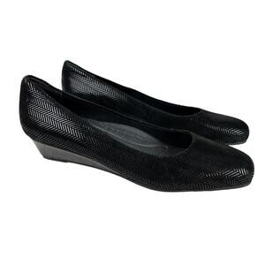 TROTTERS Genuine Leather Black Herringbone Low Wedge Slip On Shoes Loafers  9 N